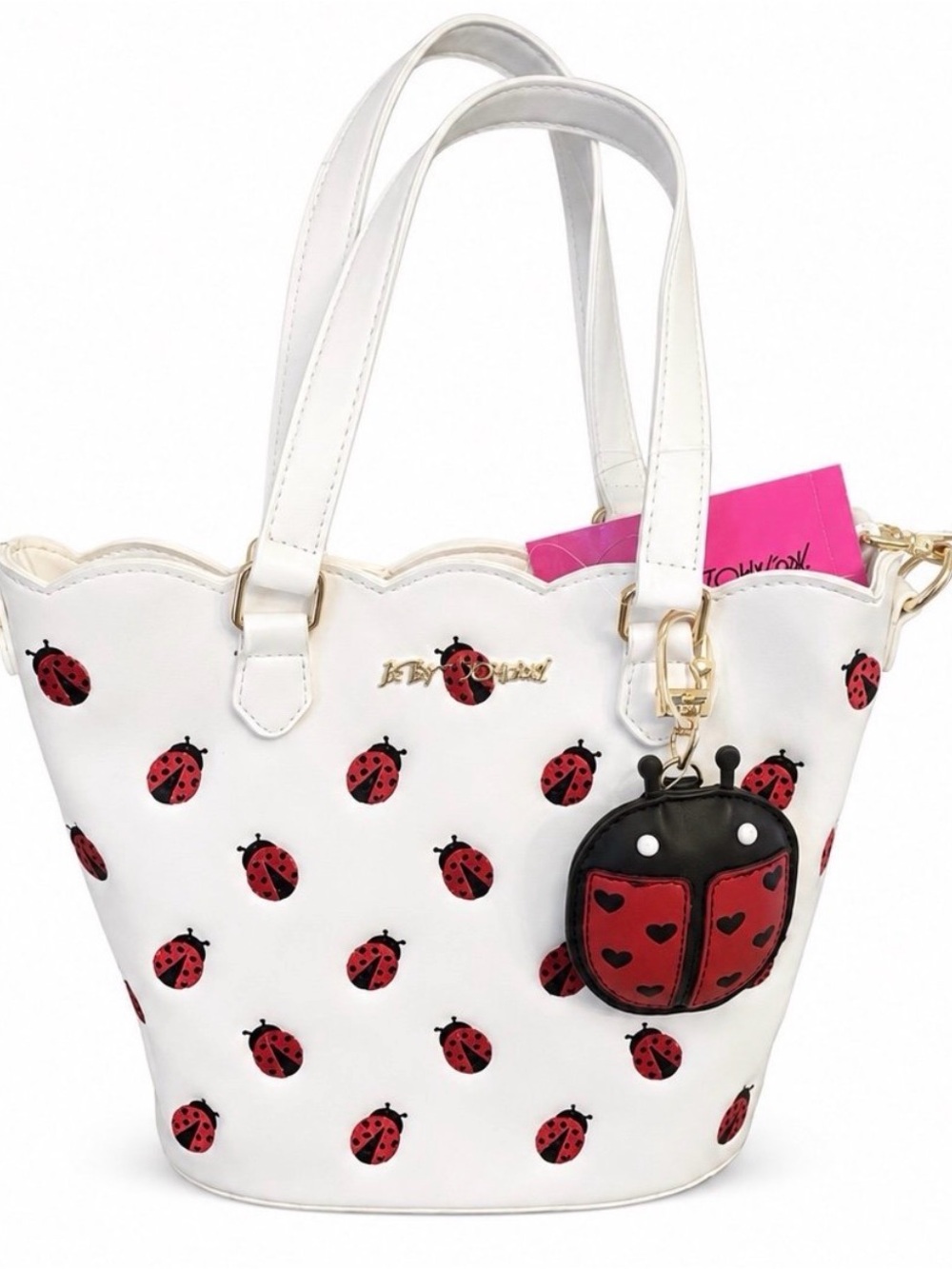 Betsy Johnson White Ladybug Print Tote Bag